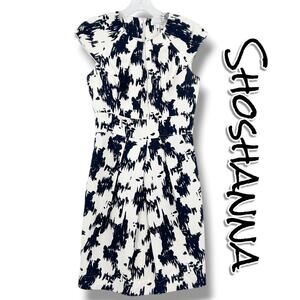 Shoshanna Black White Abstract Print Sheath Dress Pleated Waist 2 Silk Wool
